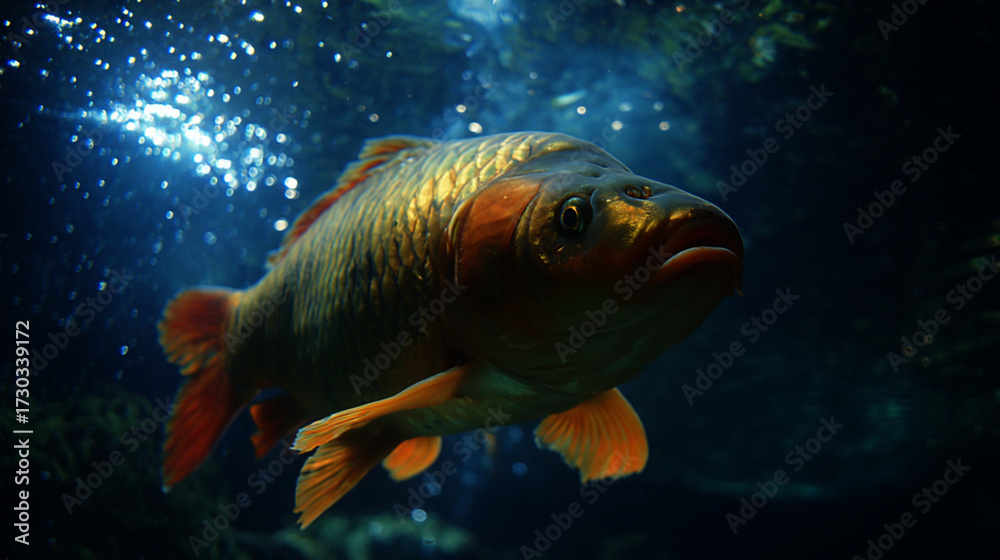 Naklejka premium Majestic Golden Carp Swimming in Deep Blue Underwater Environment with Sparkling Light Effects