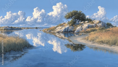 Serene coastal landscape, calm water reflecting clouds and sky
