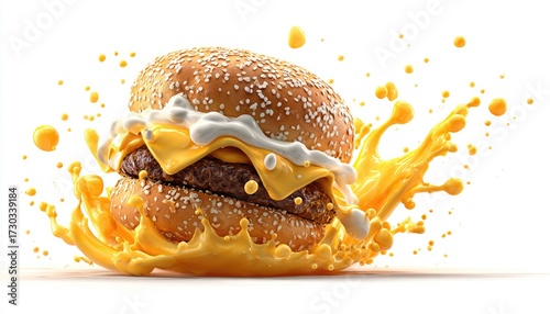 Delicious burger with cheese and sauce explosion