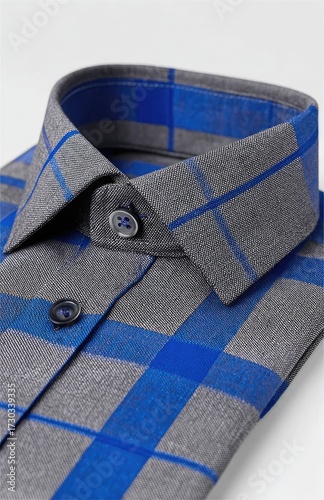 Close-up of a gray and blue plaid dress shirt