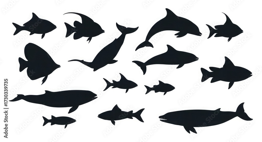 Fototapeta premium Silhouette ocean life marine animals fish dolphin whale shark sea creature vector illustration design graphic art