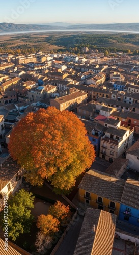Autumn in elevated european cityscape view with colorful residential buildings