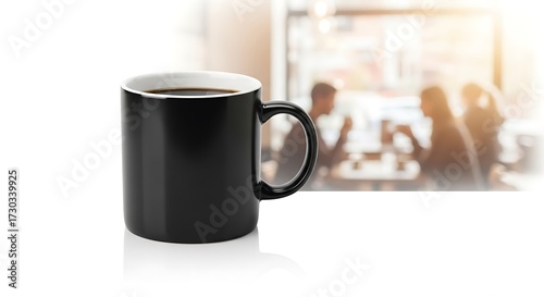 Black Coffee Mug in Cafe Setting.