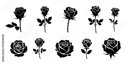 Black rose silhouettes with stems and leaves flower
