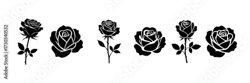 Black rose silhouettes with stems and leaves flower 1