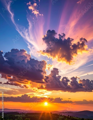 Stunning Sunset Sky Over Hills.