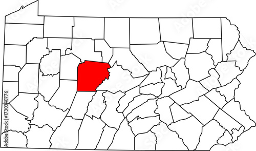 Detailed vector map of Pennsylvania, USA, highlighting Clearfield County in the rugged central region, known for its forests and coal history.

