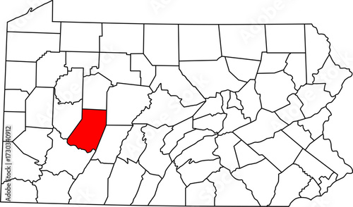 Detailed vector map of Pennsylvania, USA, highlighting Indiana County in the west-central region.

