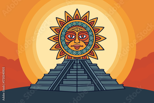 A stylized sun god stands atop a pyramid against an orange sky.