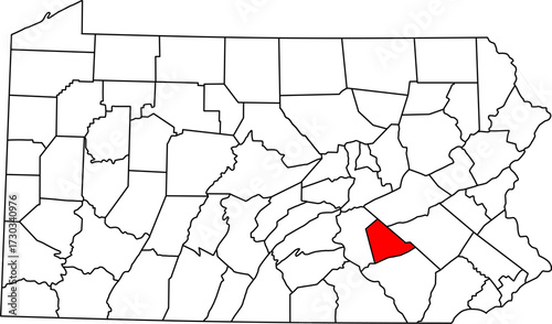 Detailed vector map of Pennsylvania, USA, highlighting Lebanon County in the central agricultural plains.

