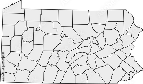Blank vector map of Pennsylvania in gray, clearly showing all county boundaries for detailed regional data.

