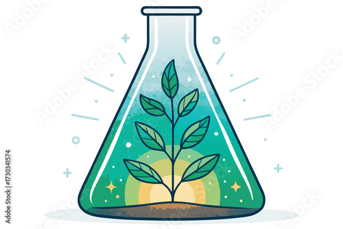 Illustration of a plant growing in a laboratory flask with bright lighting.