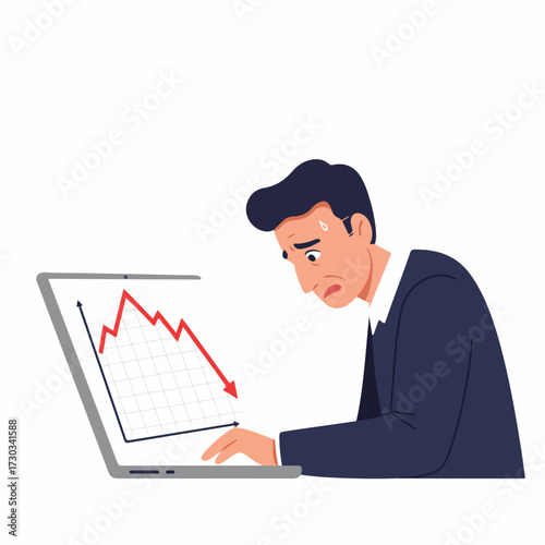Flat Illustration Stressed Businessman Looking at Declining Graph on Laptop