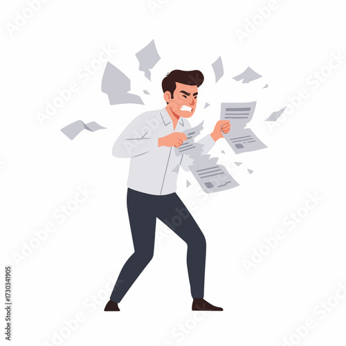Flat Angry Businessman Tearing Documents Due to Stress Office Illustration