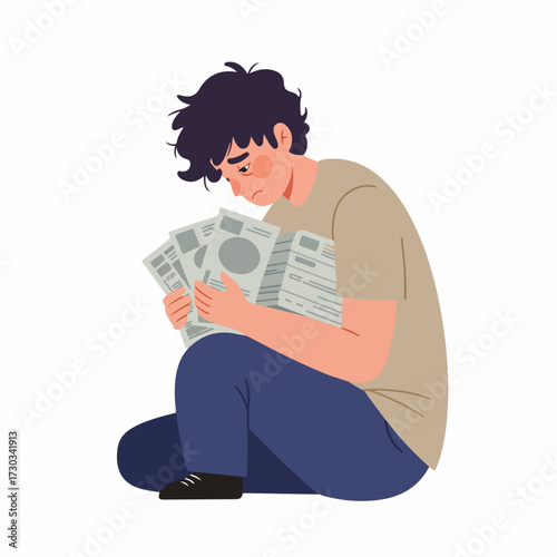 Flat Illustration of Depressed Man with Bills Sitting on Floor