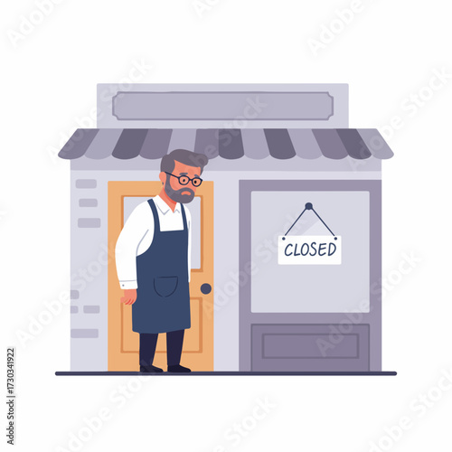 Flat Illustration of Sad Shop Owner Standing in Front Closed Store