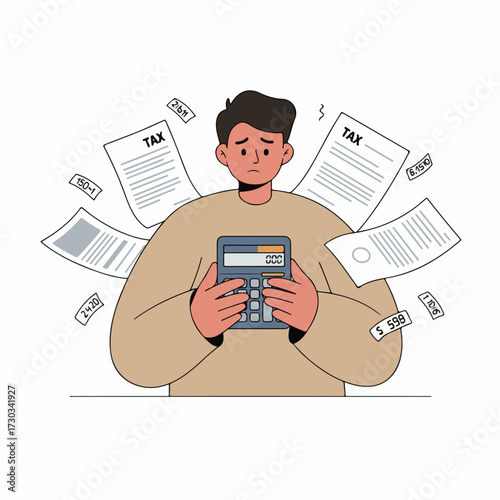 Flat Style Depressed Man Calculating Tax with Paperwork Illustration