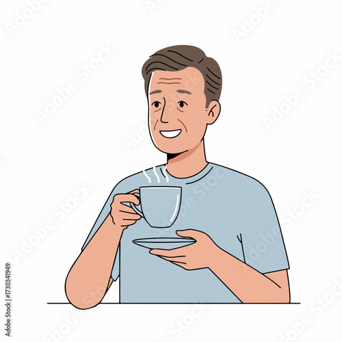 Flat Illustration Middle Aged Man Enjoying Warm Beverage Relaxing Time