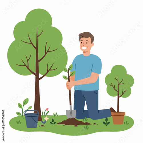 Flat Cartoon Man Planting Tree Sapling for Environmental Conservation Activity