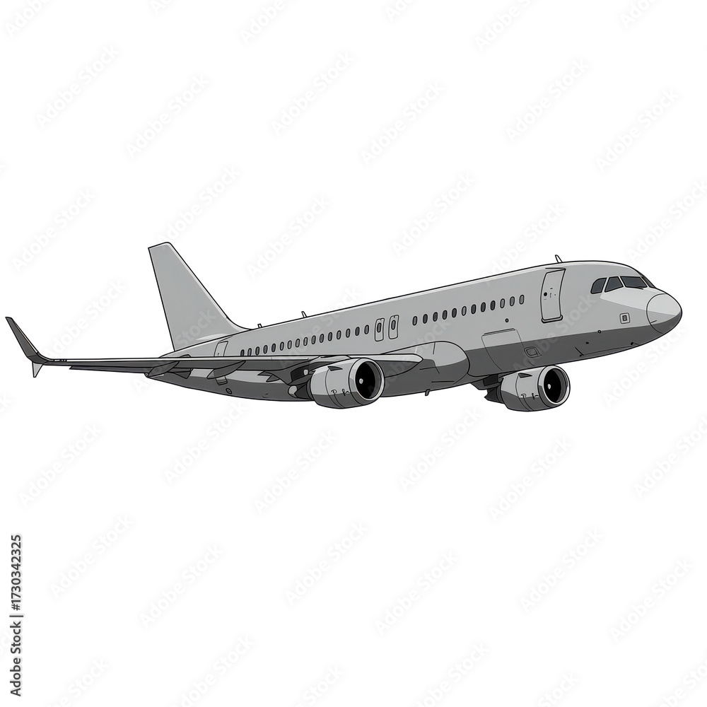 Obraz premium Side view of a passenger jet airplane in flight, showing the fuselage, wings, and engines.