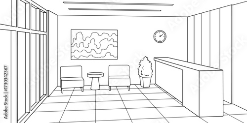 Reception in the office room graphic black white interior sketch illustration vector 