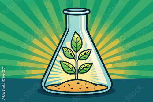 A plant grows in a laboratory flask with a sunburst background.