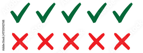 Grunge brush stroke checkmarks with tick and cross symbols. Green and re grunge style vector illustration of two checkbox icons on a white background. Hand drawn tick and cross, x mark, yes no buttons