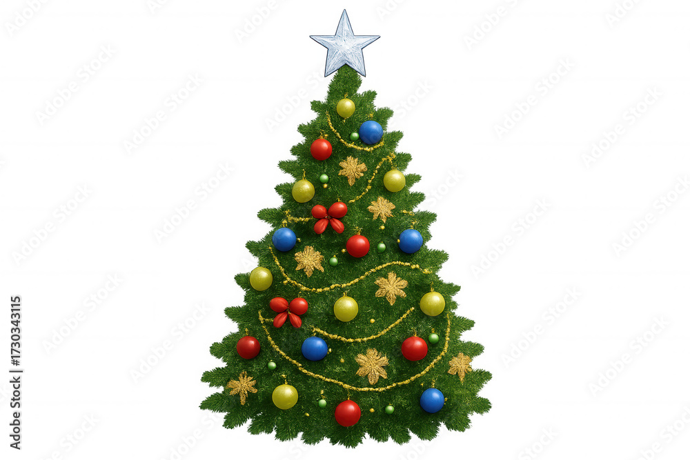 Obraz premium Christmas tree decorated with star topper, colorful ornaments, golden garland, celebrating festive holiday season