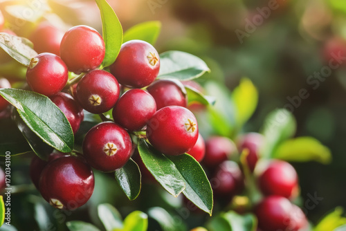 Wallpaper Mural Cluster of ripe red berries on bush with green leaves, illuminated by sunlight, showing vibrant color and detailed texture, in natural outdoor setting, evoking freshness and health Torontodigital.ca