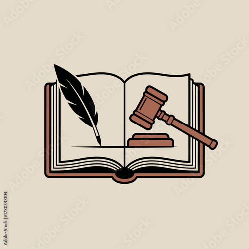 Open book with quill and gavel representing law and justice
