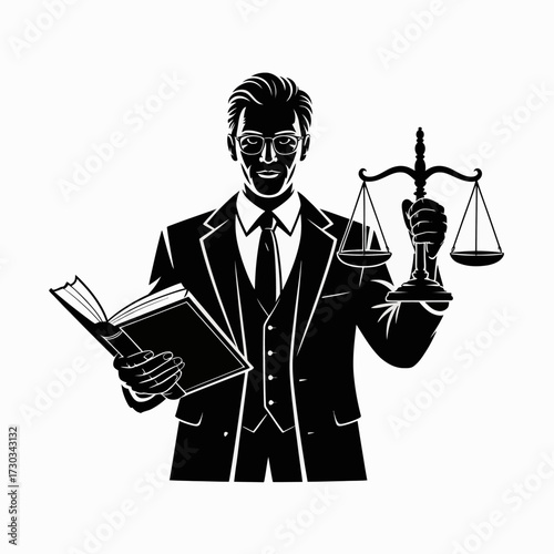 Lawyer holding a book and scales of justice in black and white illustration