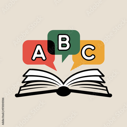 Open book with abc speech bubbles representing learning and communication
