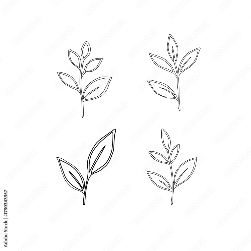 Obraz premium Green Tea Leaves Vector Illustration. Minimal Tea Leaf Botanical Design. Tea Sprout Leaves Outline Vector. Fresh Herbal Tea Leaves Collection. Green Tea Leaf . green leaves vector pattern background 