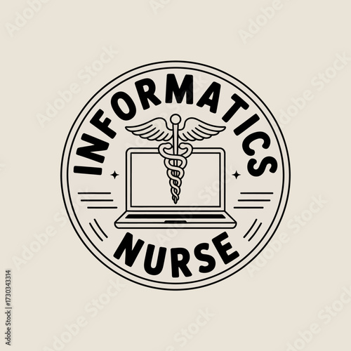 Circular emblem featuring a laptop and caduceus for informatics nurse