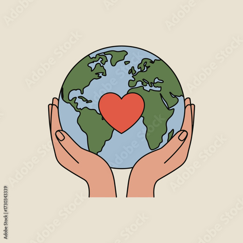 Hands holding the earth with a red heart symbolizing love and care for the planet