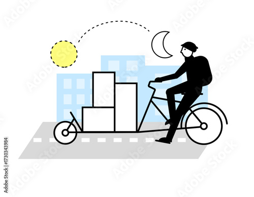 Minimalist style illustraition of front loader platform cargo bike loaded with boxes. Black silhouette of cyclist delivering parcels.