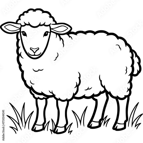 Cute Lamb in Grass: This cute lamb in a minimalist illustration style, with its wooly coat and standing amidst blades of grass