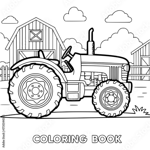 Farm Tractor Coloring Book Image: A detailed line art rendering of a vintage farm tractor is set against a backdrop of a rustic barn, evoking a sense of rural life and creative exploration.