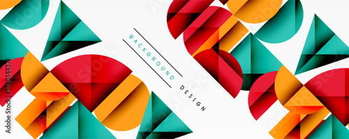 Abstract geometric shapes, vibrant colors, modern design. Circles, triangles create dynamic composition. White background enhances visual impact.