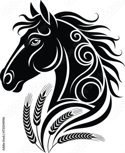 Black and White Galloping Horse Illustration, A dynamic illustration of a horse, rendered in black and white, dominates the frame. The horse is depicted mid-gallop, all four hooves off the ground