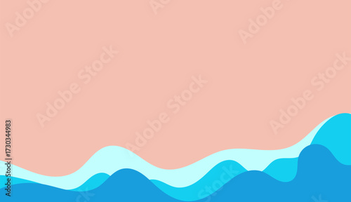 A minimalist abstract illustration of a beach landscape featuring layered sandy dunes in warm tones, smooth ocean waves in varying shades of blue, and a bright sun in a clear blue sky.