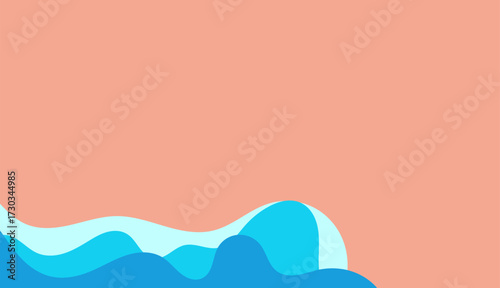 A minimalist abstract illustration of a beach landscape featuring layered sandy dunes in warm tones, smooth ocean waves in varying shades of blue, and a bright sun in a clear blue sky.