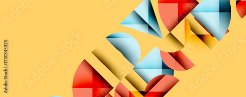 Abstract geometric shapes overlap, creating dynamic composition. Warm yellow background contrasts cool blues, reds. Modern design elements present.