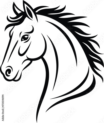 Black and White Galloping Horse Illustration, A dynamic illustration of a horse, rendered in black and white, dominates the frame. The horse is depicted mid-gallop, all four hooves off the ground