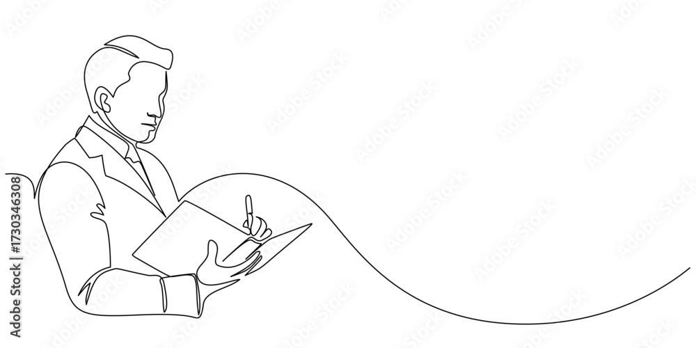 Fototapeta premium Minimalist one line illustration Man Reading Book. Vector eps