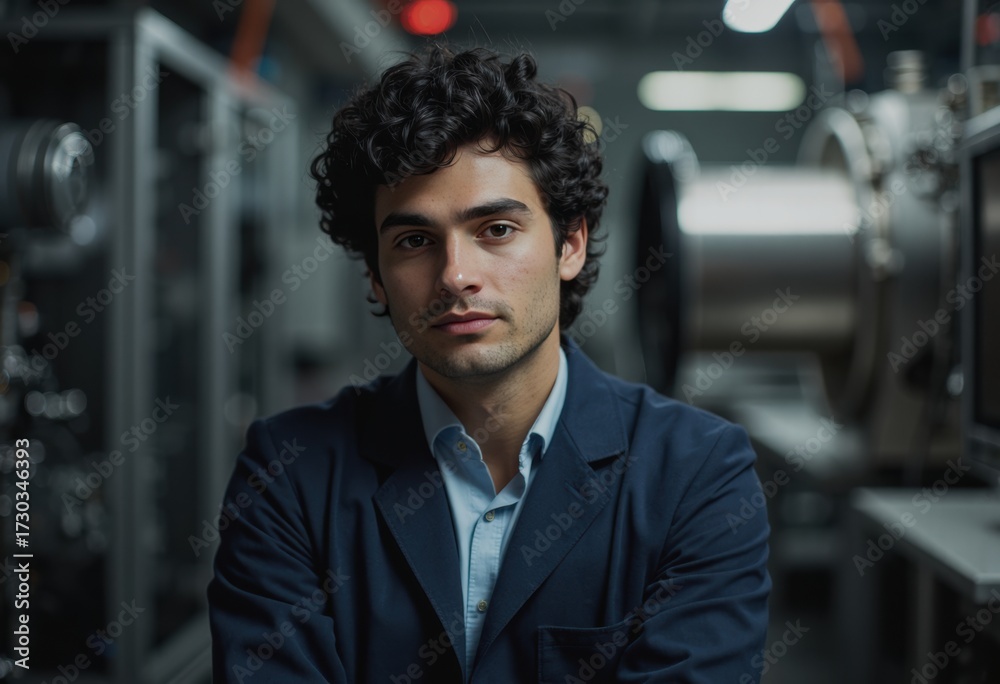 Obraz premium Quantum computing researcher standing confidently beside a cryogenic cooling system