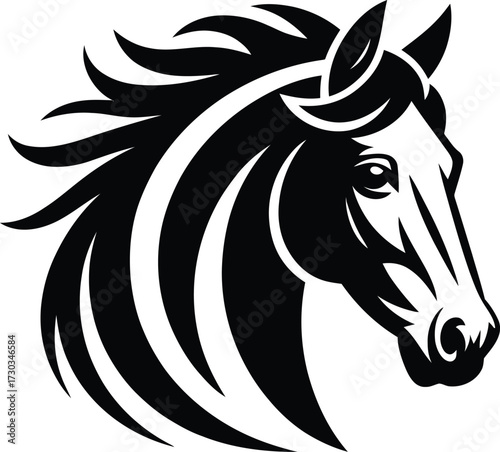 Black and White Galloping Horse Illustration, A dynamic illustration of a horse, rendered in black and white, dominates the frame. The horse is depicted mid-gallop, all four hooves off the ground