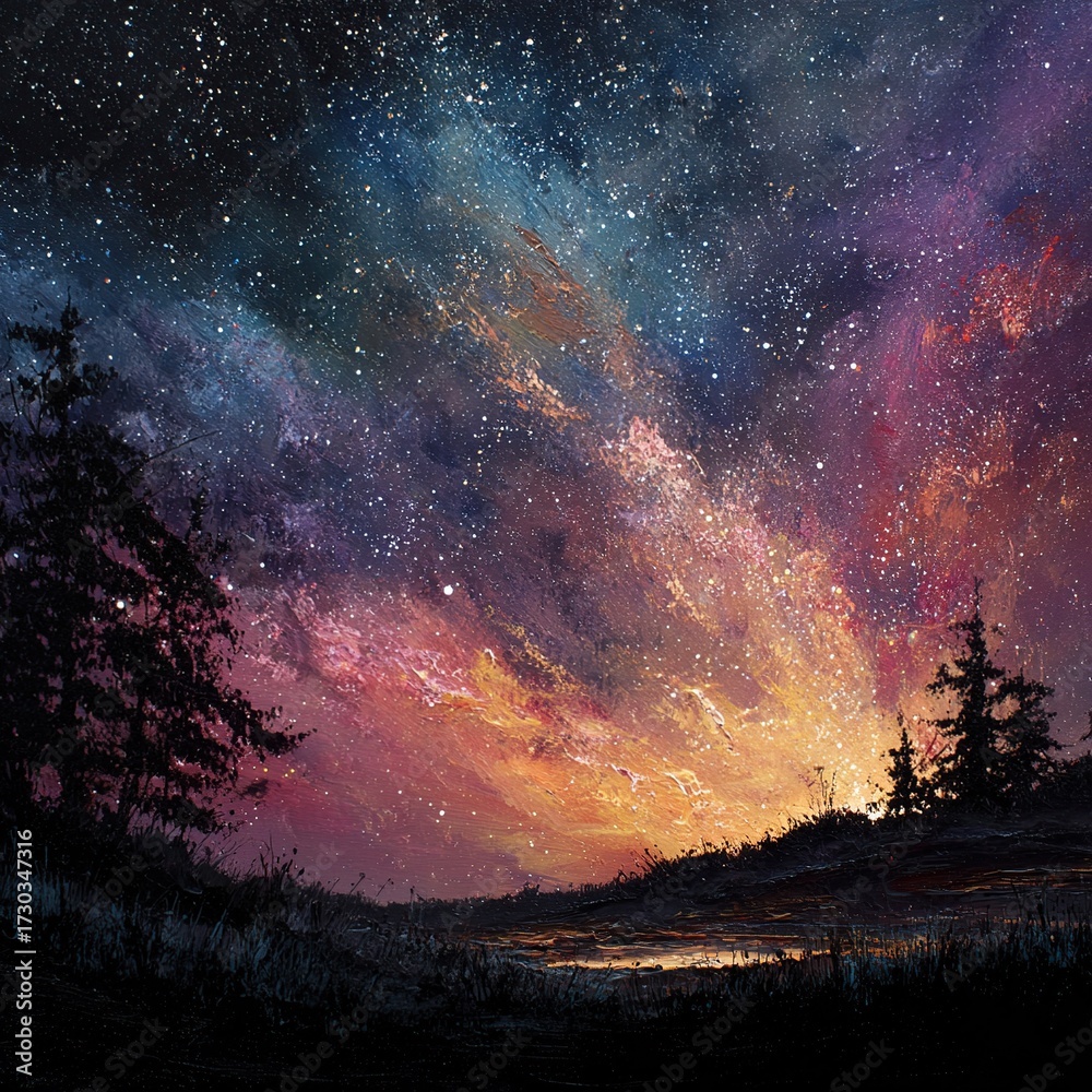 Fototapeta premium Vivid Milky Way Over Silhouetted Forest at Dusk