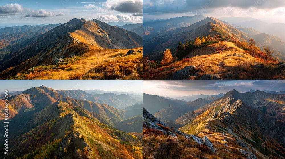 Obraz premium A quadriptych of mountain ridge vistas, capturing vibrant autumn foliage bathed in warm, angled light