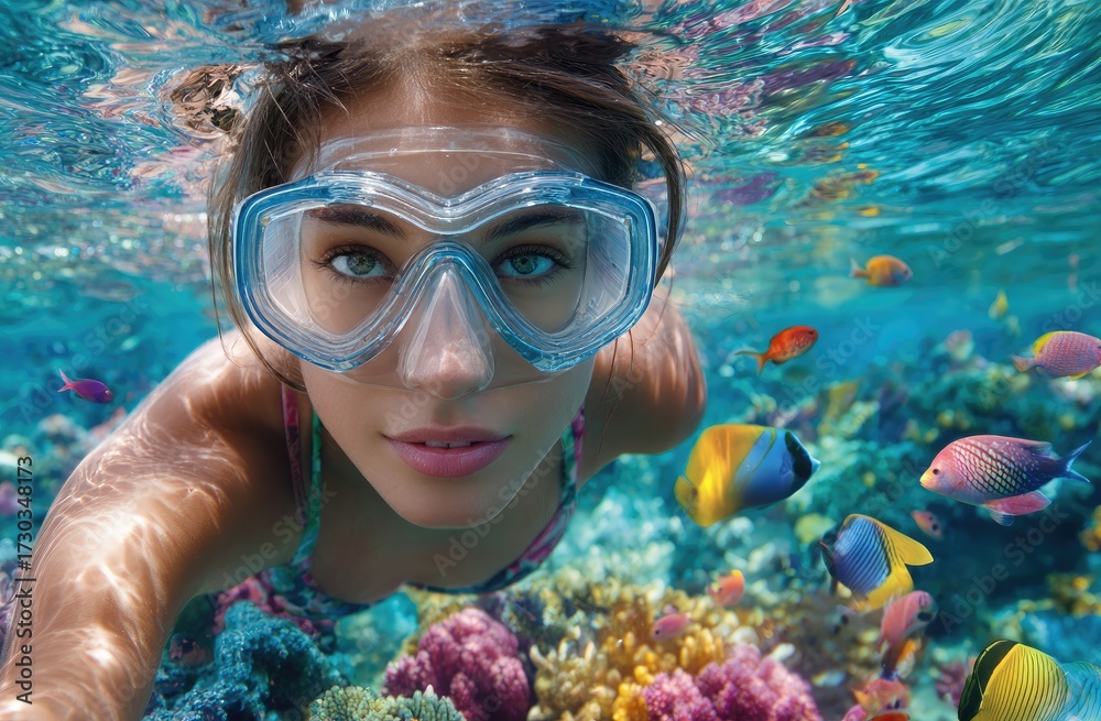 Naklejka premium a woman is wearing flippers and a snorkel, diving in the sea with colorful fish on a coral reef.